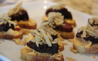 Burnt End Crostini with Cheddar and Fried Onions